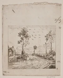 Landschaft mit Haus an einer Straße mit Baum und fliegenden Vögeln