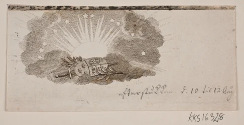 Vignette mit den Wappen der drei nordischen Reiche in Wolken vor der Sonne