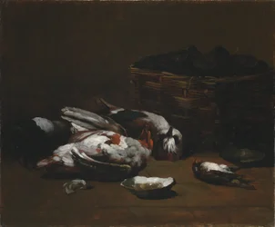 Stillleben mit toten Vögeln und einem Korb Austern, ca. 1860 - 1880