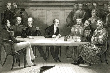 Eine Konferenz in Chusan zwischen Commodore Bremer und Chang, einem chinesischen Beamten, an Bord der HMS Wellesley, 4. Juli 1841