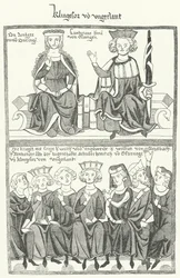 Eine Darstellung des Sängerkriegs, ein Wettstreit zwischen Minnesängern auf der Wartburg in Thüringen im Jahr 1207, aus dem Codex Manesse (Stich)