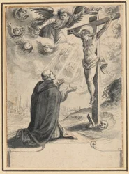Ein kniender Mönch vor einer Vision von Christus am Kreuz