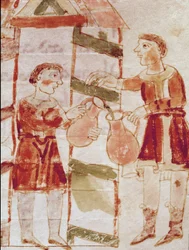 Ein Miniatur-Weinhändler aus dem Band „De tabernae“, Manuskript „De Universo“ (oder De rerum naturis (Über die Natur der Dinge)) (cod. 132) von Rabanus Maurus Magnentius (ca. 780-856). 9. Jahrhundert. Archiv von Mont