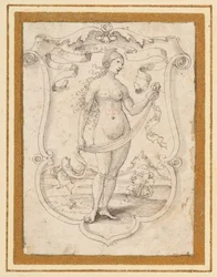 Ein gerolltes Schild mit dem Bild einer nackten Frau, die in einer Landschaft steht, mit einem Band darüber, vielleicht eine Allegorie des Stolzes