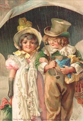 Ein kleiner Junge geht Arm in Arm mit einem kleinen Mädchen (Farblithografie)