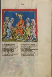 Aaron verwandelt den Stab in eine Schlange aus Weltchronik Ms. 33, fol. 73, ca. 1400-10