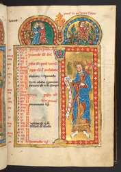 Mai, aus 12 Kalenderseiten in Gold und Farben, mit architektonischen Rahmen, die jeweils ein Sternzeichen, einen Apostel und eine Arbeit des Monats enthalten (Pergament)