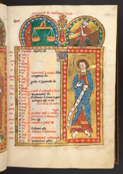 September. 12 Kalenderseiten in Gold und Farben, mit architektonischen Rahmen, die jeweils ein Sternzeichen, einen Apostel und eine Arbeit des Monats enthalten. Psalter. Illuminierter Psalter mit einem Kalender, Cantica und Litaneien für den Gebrauch von n