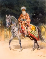 Ein bewaffneter Krieger auf einem Turkoman-Pferd in traditioneller Kleidung, veröffentlicht 1912