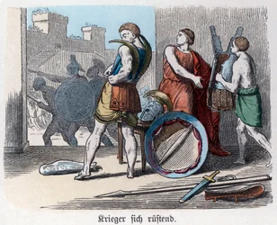 Alte Geschichte. Griechenland. Griechische Krieger rüsten sich für den Krieg (Gravur)