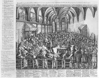 Versammlung der erlauchten Fürsten Deutschlands im Bischofssaal von Augsburg in Anwesenheit von Karl V. am 25. Juni 1530