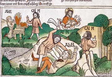 Kain und Abel, Szene in der Nürnberger Bibel, geschrieben auf Deutsch (Druck)