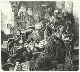 Karl der Große berät sich mit Gelehrten und Klerikern (Gravur)