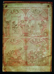 Codex 507 fol.2r Weber, Schuster, Fischer und Jäger, aus Renner Musterbuch, ca. 1208-18