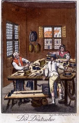 Handwerk: der Goldzieher (Strecker oder Silbervorarbeiter) in seiner Werkstatt. In „Umfassende Beschreibung der Künste und Handwerke und Werkstätten für junge Leute“ von Johan Peter Vue. Ed. Nürnberg, Weigel und Schneider