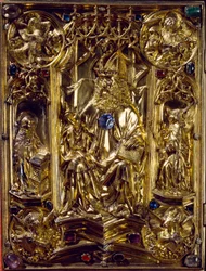Das Reichsevangeliar Engel und Symbole der vier Evangelisten. Das Evangelium von Aachen. 8. Jahrhundert
