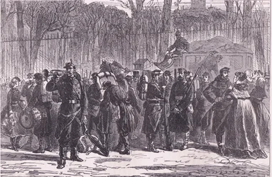 Abmarsch des zehnten Regiments der Nationalgarde zu den vorgeschobenen Posten, Cassells Geschichte des Krieges zwischen Frankreich und Deutschland, veröffentlicht von Cassell and Company Limited, ca. 1890