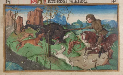 Detail einer Miniatur eines Adligen bei der Bärenjagd, aus der Kalenderseite für Oktober, ca. 1475-1485