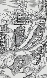 Gravur aus De re metallica (Über die Natur der Metalle) von Georg Pawer oder Georgius Agricola, veröffentlicht in Basel
