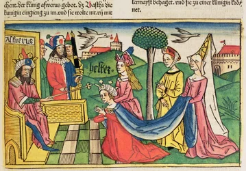 Esther wird von König Ahasverus zur Königin gewählt, aus der Nürnberger Bibel (Biblia Sacra Germanaica)