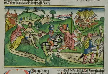 Faksimile-Kopie von Hiob: Frontispiz, Hiob wird von seiner Frau gescholten, sein Haus und seine Familie werden von einem Hurrikan zerstört und sein Vieh gestohlen, aus der Nürnberger Bibel (Biblia Sacra Germanaica)