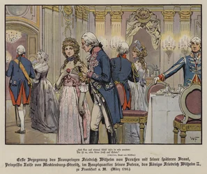 Erstes Treffen von Kronprinz Friedrich Wilhelm von Preußen und seiner zukünftigen Braut, Prinzessin Louise von Mecklenburg-Strelitz im Hauptquartier seines Vaters, König Friedrich Wilhelm II., in Frankfurt