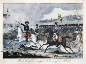 Friedrich auf seinem weißen Pferd in der Nähe von Molwitz