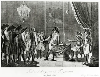 Friedrich der Große empfängt seinen Schwager, Friedrich, Markgraf von Brandenburg-Bayreuth, als Freimaurer in Berlin im Jahr 1740