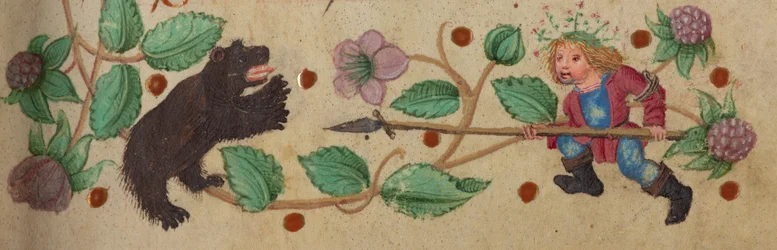 Gekränzter Jäger zu Fuß, der einen Bären speert, ca. 1475-1485