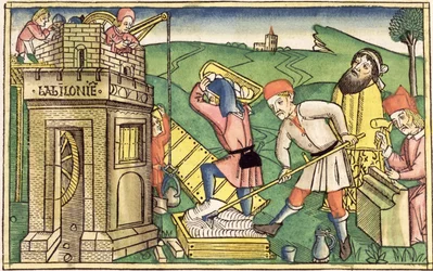 Genesis 11:1-9 Der Bau des Turms von Babel, aus der Nürnberger Bibel (Biblia Sacra Germanaica)