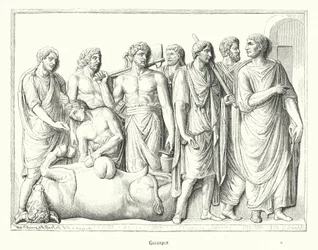 Haruspex, der die Eingeweide eines geopferten Tieres im antiken Rom untersucht