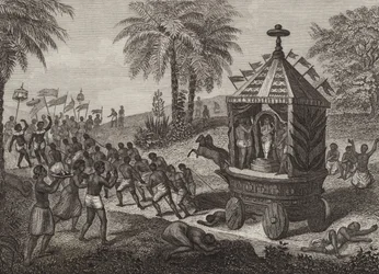 Hindu-Anbeter ziehen einen Wagen von Juggernaut im alten Indien. Illustration für Bilder-Atlas (Gravur)