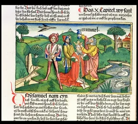 1 Samuel 10: Die Krönung und Salbung Sauls, aus der Nürnberger Bibel (Biblia Sacra Germanica)