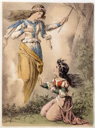 Illustration von Franz Hoffmanns Erzählungen „Tales and Fables - Die 3 Geschenke“: Der Wunsch, der von einer Fee erfüllt wird. Chromolithographie des 19. Jahrhunderts