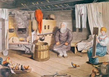 Interieur einer russischen Izba, veröffentlicht in Leipzig, 1820