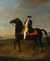 König Friedrich Wilhelm I. zu Pferd mit Potsdam im Hintergrund, um 1735