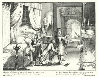 König Jakob II. von England verbrennt den Befehl, das Parlament einzuberufen, und flieht