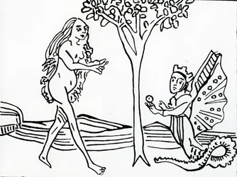 Lilith, geflügelt und gekrönt, mit Schlangenschwanz, bietet Eva den Apfel an, aus dem „Speculum Humanae Salvationis“, nach dem Original von 1470
