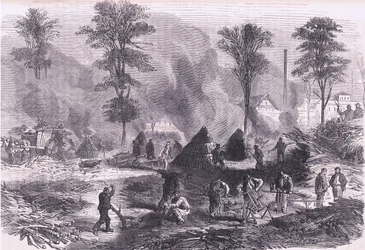 Holzkohleherstellung für Schießpulver, Cassells Geschichte des Krieges zwischen Frankreich und Deutschland, veröffentlicht von Cassell and Company Limited, ca. 1890
