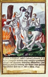 Martyrium von Jean de Brébeuf und Gabriel Lalemant durch die Irokesen in Neufrankreich 1649, aus dem Martyrologium der Jesuiten, 1688