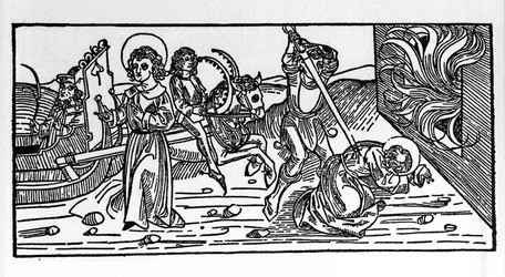 Martyrium des heiligen Polykarp von Smyrna (ca. 69-155), Bischof. Gravur aus dem „Leben der Heiligen - Sommerteil“ von Jacobus von Voragine