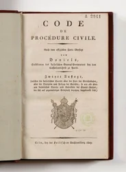 Napoleonischer Zivilprozesskodex für die französischen Departements am linken Rheinufer, geöffnet auf der Titelseite, Köln, 1809