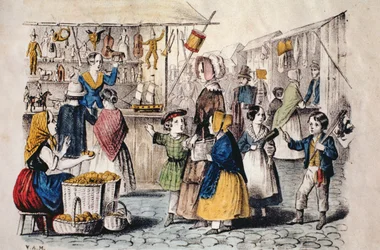 Freiluftmarkt in Deutschland, ca. 1860 (Farbstich)
