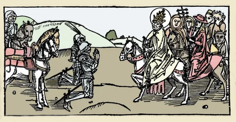 Papst Leo I. trifft Attila und die Arrete - Barbarische Invasionen - Gravur aus „Leben der Heiligen - Sommerteil“ (Das Buch der Heiligen) von Jacobus (Jakob) von Voragine (1228-1298). Lübeck 1488
