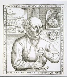 Porträt von Theothrastus Paracelsus (1493-1541), Kopie einer Illustration aus seinem Buch Astronomica et Astrologica Pouscula, Köln 1567, verwendet in einer Geschichte der Magie, veröffentlicht im späten 19. Jahrhundert