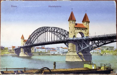 Postkarte, die die Brücke über den Rhein in Bonn zeigt, ca. 1900