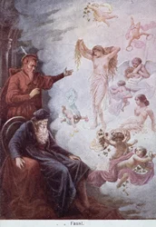 Postkarte, die die Versuchung von Faust durch Mephistopheles darstellt, ca. 1905