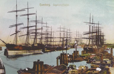 Postkarte des Segelschiffhafens in Hamburg, ca. 1900