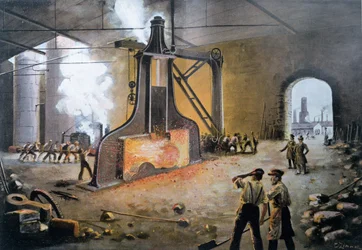 Dampfhammer, erfunden von James Nasmyth in Deutschland 1842, graviert von E. Zimmer, aus Le XIXème siècle von Hans Kraemer, ca. 1900