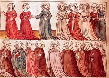 Prozession der Frauen von Böhmen. Miniatur aus „Chroniken des Konzils von Konstanz“ von Ulrich Richental